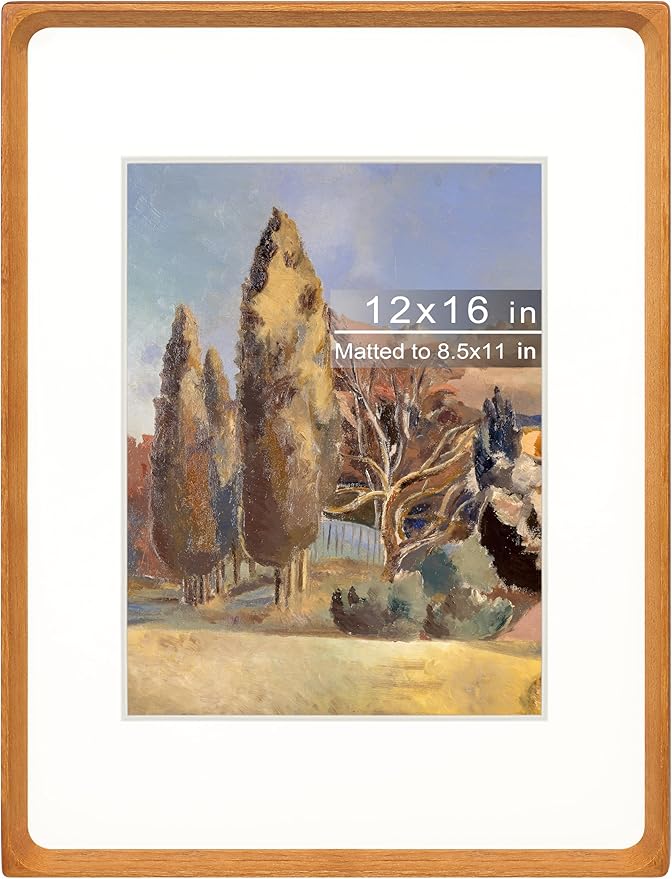 12x16 Picture Frame with Mat for 8.5x11, Natural Teak Wood Handcrafted Rounded Corner with Plexiglass, Vertical or Horizontal Display Photo Document Gallery Poster Wall Mounting Frame