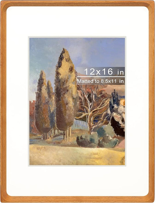 12x16 Picture Frame with Mat for 8.5x11, Natural Teak Wood Handcrafted Rounded Corner with Plexiglass, Vertical or Horizontal Display Photo Document Gallery Poster Wall Mounting Frame