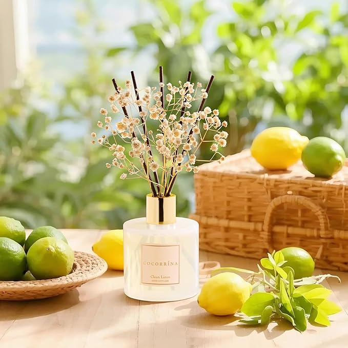 Cocorr??na Reed Diffuser Set, Clean Linen 6.7 fl oz Scented Diffuser with Sticks Home Fragrance Reed Diffuser for Bathroom Shelf Decor