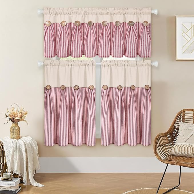 ASPMIZ Farmhouse Cotton Linen Valances for Windows, Boho Kitchen Curtains Valances with Rustic Button, Red Stripe Window Treatments Curtain Valance for Bathroom Cafe, 52 x 18 Inch, 1 Pannel