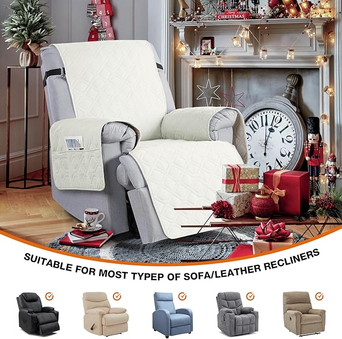 VANSOFY 100% Waterproof Recliner Chair Covers, Recliner Cover Non-Slip Dog Chair Cover Furniture Protector Washable Slipcover with Pocket, Elastic Straps for Pets, Dogs(Off White, 28")