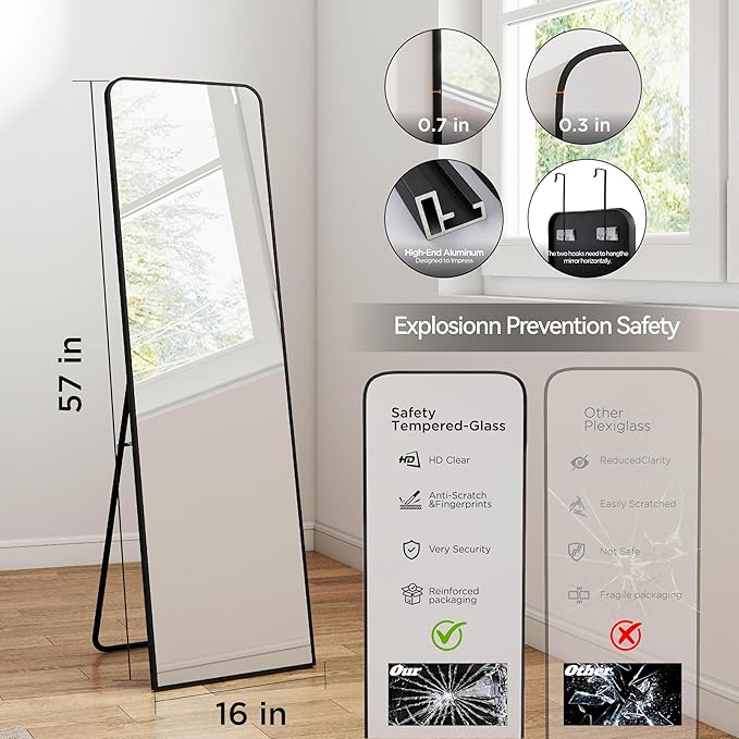 SCWF-GZ Rectangle 57x16 Mirror Full Length Wall Mounted Hanging or Against Wall Metal Frame Dressing Make-up Mirrors for Entryway Bedroom Bathroom Living Room 57 16 inch Black