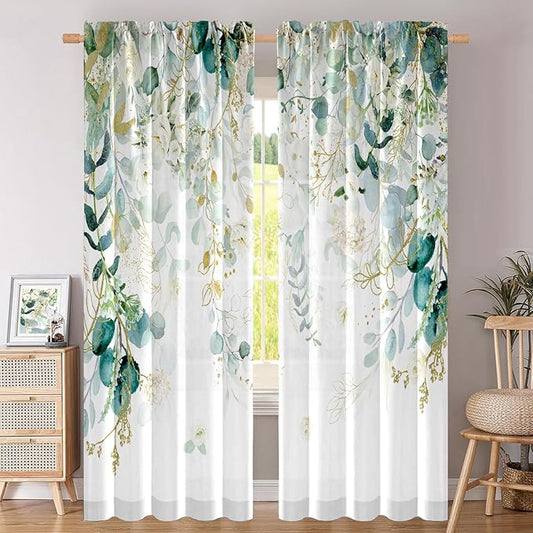 Gold Green Curtains for Living Room Blue Green Eucalyptus Leaves Light Filtering Curtains White Floral Drapes for Bedroom Botanical Farmhouse Leaf Wild Flower Printed Window Curtain 2 Panels 52X72Inch