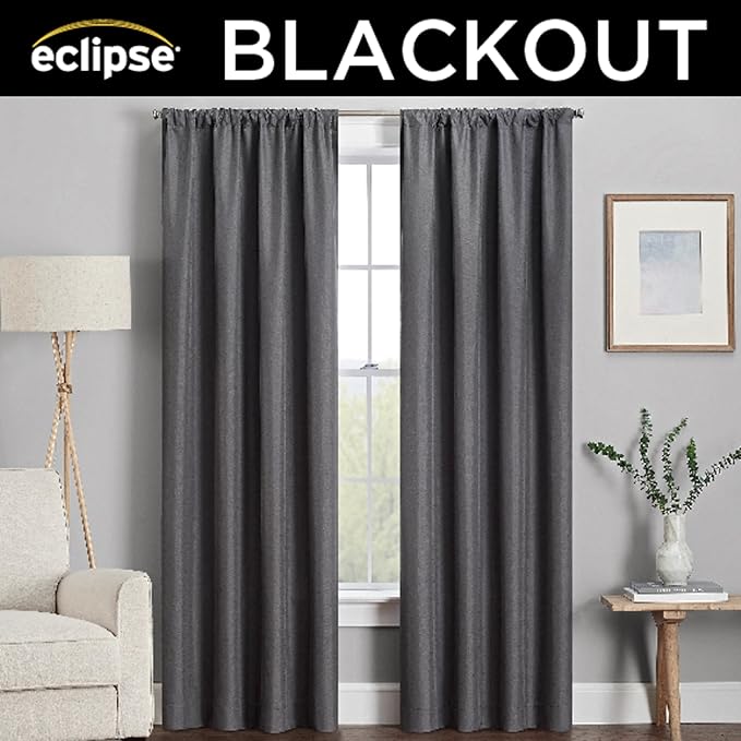 ECLIPSE Kendall Modern Blackout Thermal Rod Pocket Window Curtain for Bedroom or Living Room (1 Panel), 42" x 84", Charcoal, 1 Panel