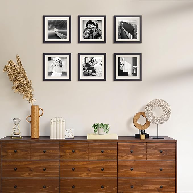 upsimples 10x10 Picture Frame, Display Pictures 8x8 with Mat or 10 x 10 Without, Wall Hanging Square Frames, Black, 1 Pack