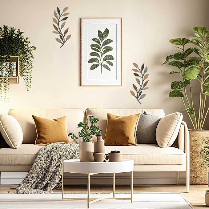 Zhengmy 2 Pieces Metal Tree Leaf Wall Decor Vine Olive Branch Leaf Wall Art Living Room, Hallway Wall Decor Outdoor Decoration(Classic Color)