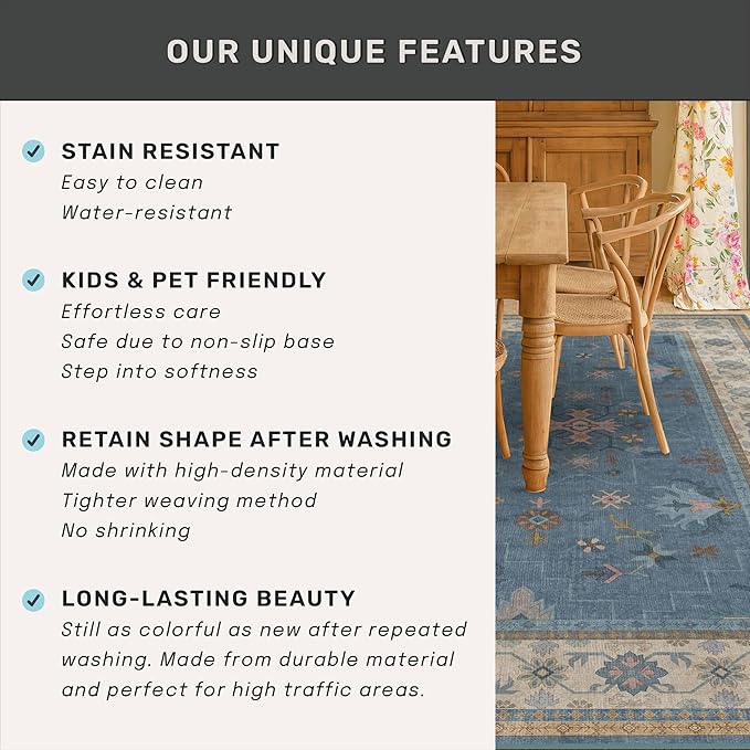 Blue 2x4 Runner Rug for Entryway Indoor, Kitchen Floor Waterproof, Bathroom, Powder Room, Washable Non Slip Low Pile Stain & Fade Resistant, Modern Eclectic Floral Decor