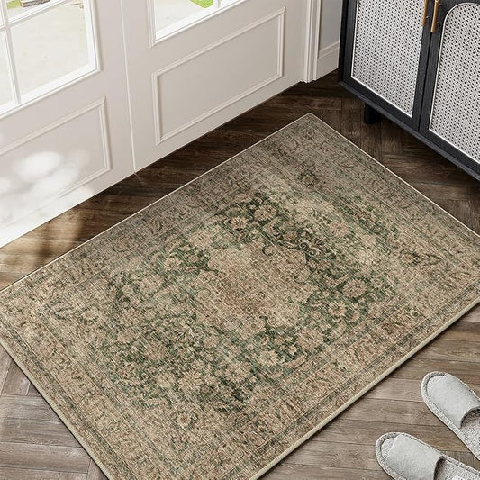 2x3 Washable Area Rug Green Brown Vintage Non Slip Soft Low Pile Small Rug for Entryway Kitchen Bathroom Distressed Oriental Throw Carpet for Living Room Bedroom Home Decor