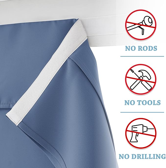 RYB HOME Blackout French Door Curtain - Privacy Thermal Insulated Window Shades for Patio Kitchen Front Entry Back Door Glass Window, Self Adhesive No Drill, 1 Panel, 26" W x 40" L, Stone Blue