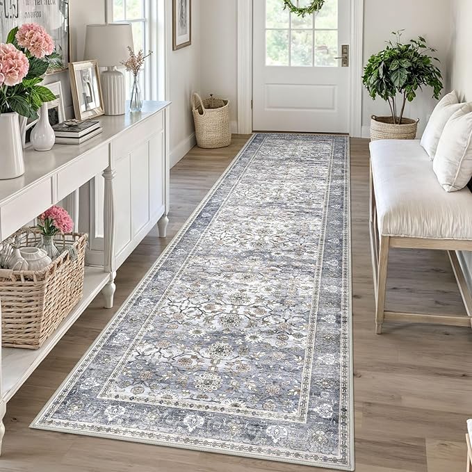 KUTA Vintage Washable Runner Rug, 2.6x10 Grey Blue Runners for Hallways Non-Slip Kitchen Rugs Ultra Thin Soft Printed Distressed Oriental Floral Floor Carpet for Laundry Bedroom Living Room Nursery