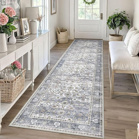 KUTA Vintage Washable Runner Rug, 2.6x10 Grey Blue Runners for Hallways Non-Slip Kitchen Rugs Ultra Thin Soft Printed Distressed Oriental Floral Floor Carpet for Laundry Bedroom Living Room Nursery