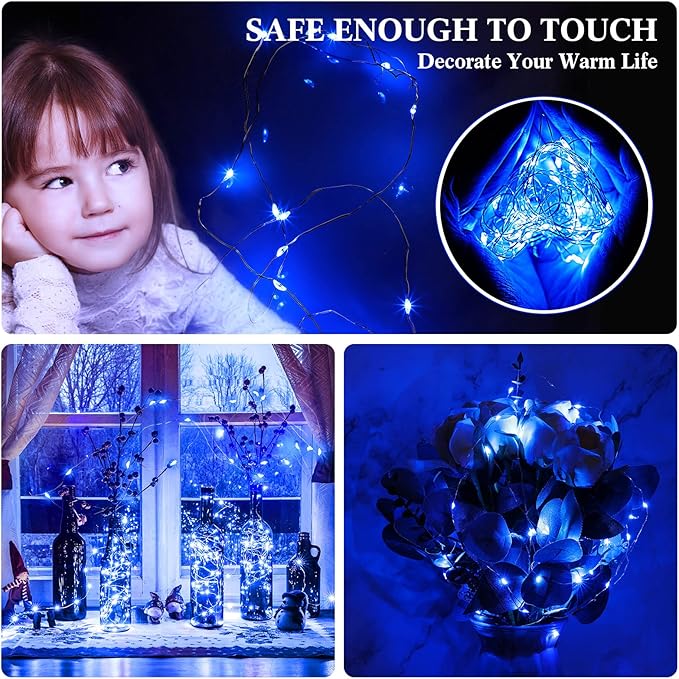 Hortsun 100 Packs Fairy Lights Battery Operated 3 Speed Modes, 7 Ft/ 2 M 20 LED Battery String Mini Waterproof Wire Twinkle Lights Bulk for Wedding Party Birthday Vases Decor (Blue Light)