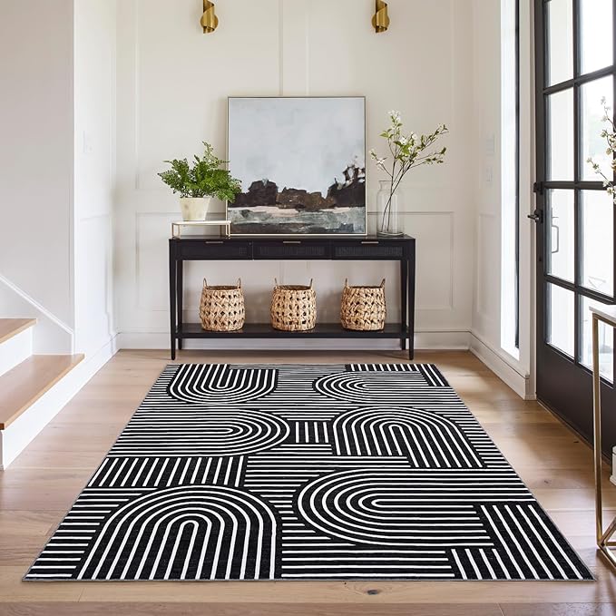 ROYHOME Washable Rug 4x6 Area Rugs for Living Room, Abstract Rug for Bedroom, Soft Rainbow Non Slip Throw Rugs with Rubber Back, Low Pile Stain Resistant Boho Geometric Carpet for Dining Room, Blue