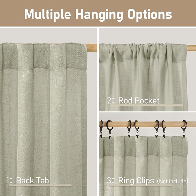 LAMIT 45 Inch Length Linen Curtains for Small Window, Semi Sheer Light Filtering Panels Back Tab and Rod Pocket Neutral Drapes for Bedroom, Sage Grey, 2 Panels, 34 x 45 Inch