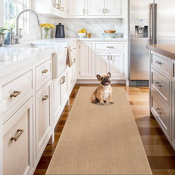 2x6 Jute Woven Runner Rug: Non-Slip Backing Solid Color Pattern - Easy Clean Carpet for Hallway Kitchen - Washable Thin Indoor Rugs for High Traffic Areas Farmhouse Home Decor (Beige,2x6)