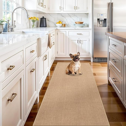2x6 Jute Woven Runner Rug: Non-Slip Backing Solid Color Pattern - Easy Clean Carpet for Hallway Kitchen - Washable Thin Indoor Rugs for High Traffic Areas Farmhouse Home Decor (Beige,2x6)