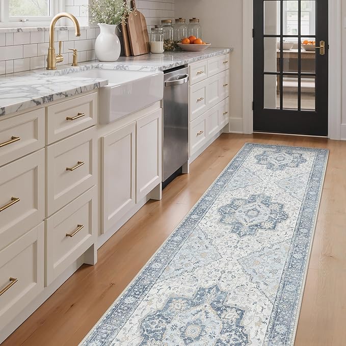 GENIMO Runner Rug 2'6"x6 Machine Washable Non Slip Vintage Hallway Runner Rug, Low Pile Lightweight Rugs for Indoor Entryway, Hallway, Kitchen and Corridor, Light Blue Beige