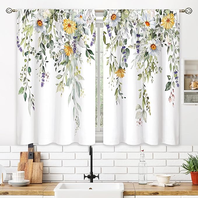 Eucalyptus Daisy Sunflower Botanical Leaves Floral Small Kitchen Curtains Flower Window Treatment Wildflower Plant Cafe Short Window Curtains for Bathroom Room Tier Treatment Drape 26x36 inch