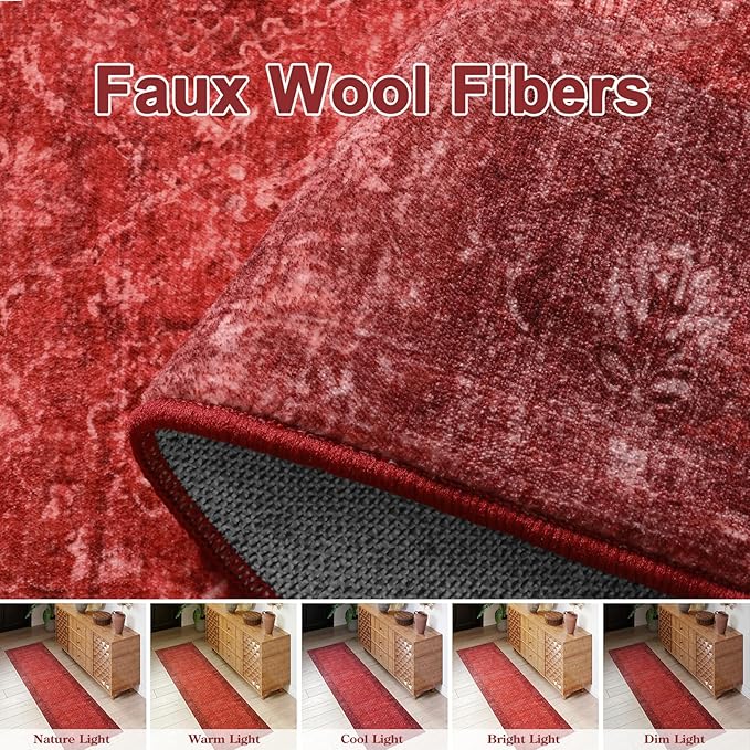 Hedlive Red Kitchen Runner Rugs Non Skid Washable, 2.6x8 Long Hallway Runner Rug 8 Ft, Ultra-Thin Vintage Red Carpet Runner for Entryway Bathroom Bedside Laundry Room Hall (2'6"x8')