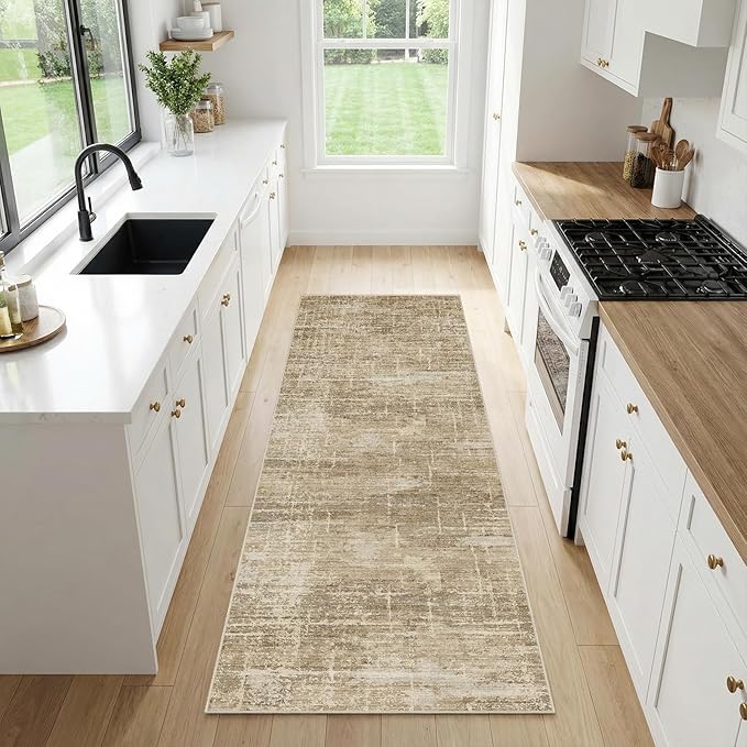 2x6 Washable Kitchen Runner Rug - Modern Abstract Neutral Carpet with Non-Slip Backing Low-Pile Stain-Resistant Thin Runners for Hallway Bathroom Bedroom Entryway (2x6，Tan/Brown)