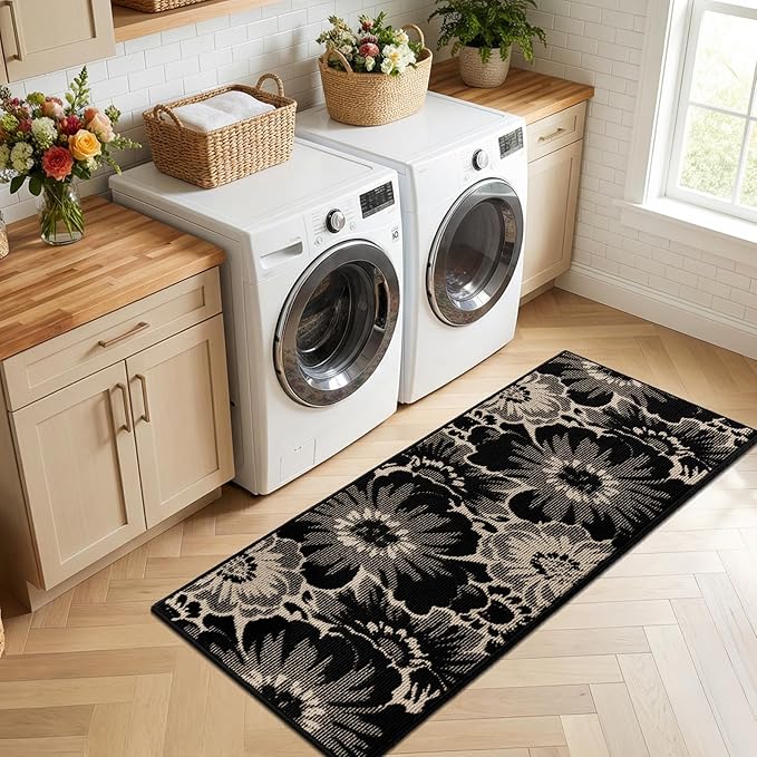 Findosom Hallway Runner Rug 2x6, Non Slip High-Low Textured Floral Washable Runner Rug with Rubber Backing, Boho Carpet Runner for Kitchen, Entryway, Bedroom, Laundry, Black & Beige