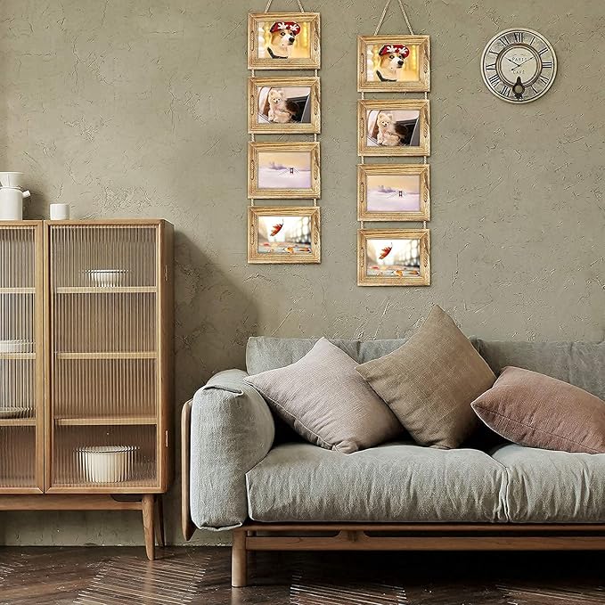 DLQuarts 5x7 Hanging Picture Frames Collage Wall Decor, 4-Opening 5x7 Matted to 3.5x5 Photo Rustic Wood Frame with Hemp Rope, 1 Pack, Carbonized Brown
