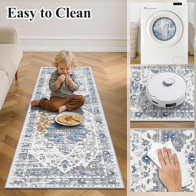 Ileading Washable Hallway Runner Rugs, 2x8 Non Slip Runners Area Rug for Entryway Kitchen Bathroom Bedroom Laundry Living Room, Long Narrow Low-Pile Floor Carpet Boho Vintage Throw Mat for Kids Room