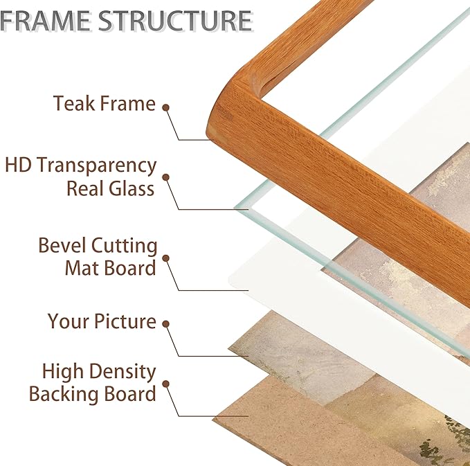 11x14 Picture Frame with Mat for 5x7/8x10, Natural Teak Wood Handcrafted Rounded Corner with Real Glass, Vertical or Horizontal Display Photo Gallery Wall Mounting Frame