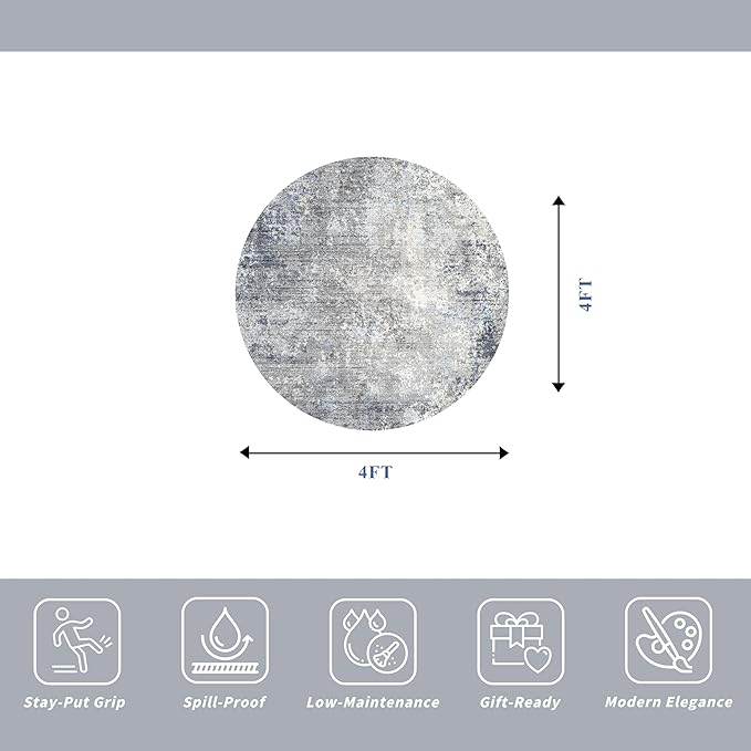 Round Area Rug 4ft Washable - Non-Slip Small Circle Rug for Living Room Bathroom Kitchen Bedroom – Soft Modern Neutral Abstract Circular Carpet (Blue Grey,4x4)