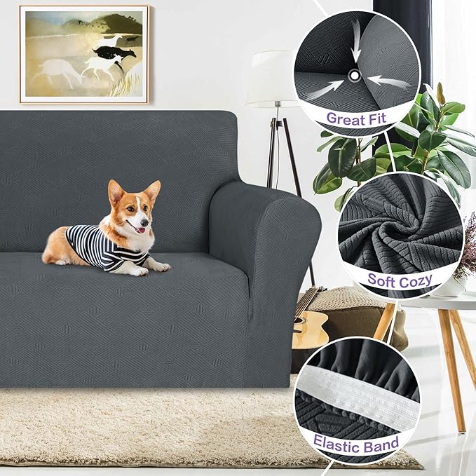 ZNSAYOTX Oversized Super Stretch Couch Cover (92"-115"), New Striped Sofa Covers Comfortable & Durable, Dog Cat Pets Friendly Extra Large Spandex Sofa Slipcovers (Dark Grey, XL Sofa)