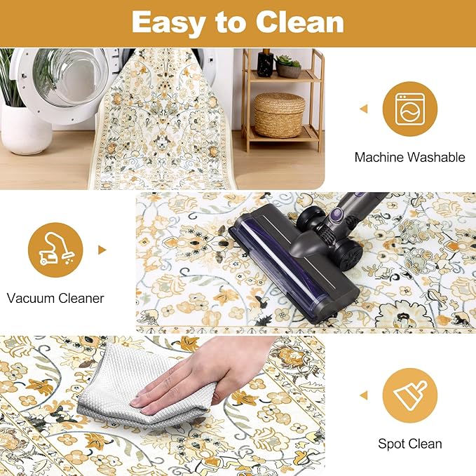 LOKHOM Washable Runner Rug, 2x8 Non-Slip Vintage Hallway Runner Rug with Rubber Backing, Boho Floral Soft Faux Wool Kitchen Rug Carpet Runner for Laundry Entryway Bedroom (Rice Orange)