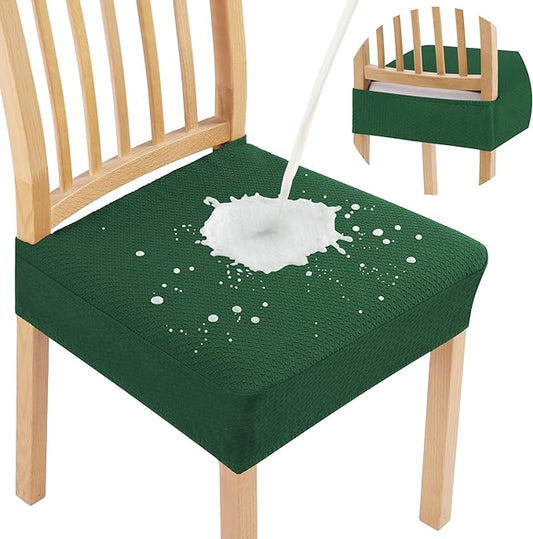 Smiry Waterproof Seat Covers for Dining Room Chairs Set of 8, Stretch Jacquard Removable Washable Chair Seat Slipcovers Protector, No Rear Covers, Emerald Green