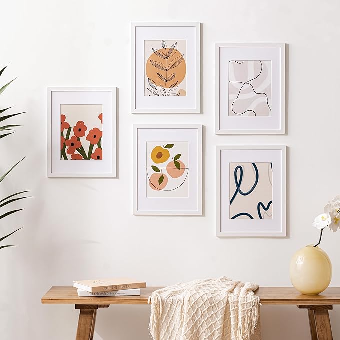 eletecpro 12x16 Picture Frames Set of 5, Gallery Wall Frame Display 8.5x11 Photo with Mat or 12x16 without Mat, Picture Frame Collage Wall Decor for Wall Mounting, White
