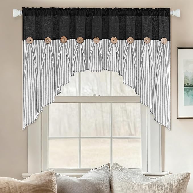 ASPMIZ Farmhouse Cotton Linen Swag Valances for Windows, Boho Kitchen Curtains Valances with Rustic Buttons, Black Striped Window Treatments Curtain Valance for Bathroom Cafe, 61 x 36 Inch, 1 Panel