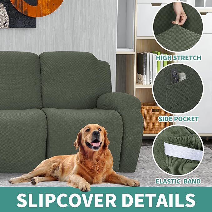 YEMYHOM 6 Pieces Stretch Loveseat Recliner Slipcover Jacquard Recliner Sofa Cover with Side Pocket Fitted Recliner Cover Couch Furniture Protector with Elastic Bottom (Medium, Army Green)
