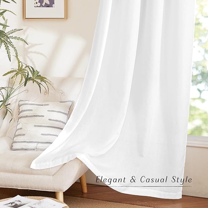 NICETOWN Thick Linen White Curtains 90 inch Length, Grommet Flax Linen Blend Window Treatments Privacy with Light Filtering Drapes for Bedroom/Living Room, W55 x L90, 2 Panels