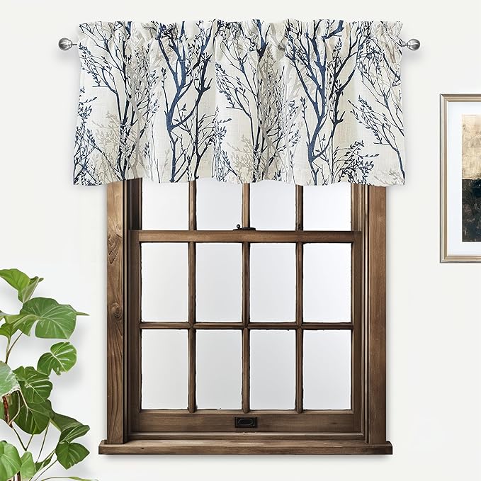 DriftAway Tree Branch Linen Lined Valance Double Layer Thermal Insulated Room Darkening Blackout Valances 3 Inch Rod Pocket Short Window Valance for Living Room Bathroom 52 Inch by 18 Inch Blue