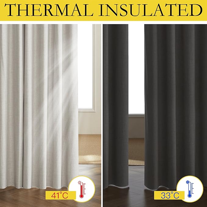 NICETOWN Snowbound Vintage Linen 100% Blackout Curtains for Living Room, Thermal Insulated Curtains 120“ Long, Noise Reducing Window Treatment Drapes for Home Office, 62" Wide Per Panel, Set of 2