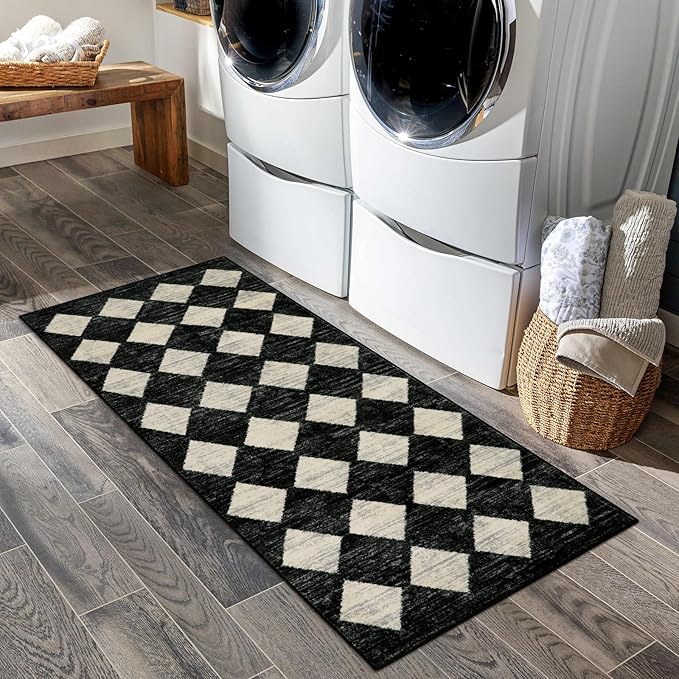 Lahome Zelie Washable Black and White Kitchen Runner Rug, 2x5 Soft Non Slip Laundry Room Bathroom Runner Rugs, Moroccan Trellis Low Pile Carpet Runners for Entryway Bedside