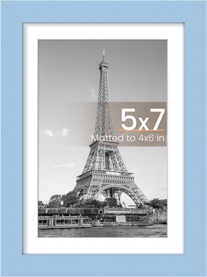 upsimples 5x7 Picture Frame, Display Pictures 4x6 with Mat or 5 x 7 Without, Wall Hanging Photo Frames, Blue, 1 Pack