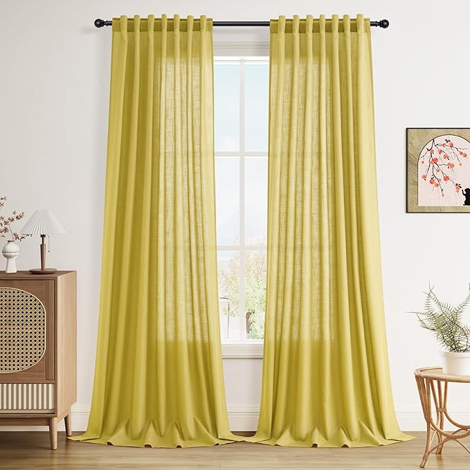 Nanspring Celery Yellow Linen Curtains 108 Inches Long 2 Panels Set Back Tab Loop Pocket Light Filtering Semi Sheer Boho Large Window Decor for High Ceiling Living Room 52x108
