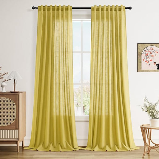 Nanspring Celery Yellow Linen Curtains 108 Inches Long 2 Panels Set Back Tab Loop Pocket Light Filtering Semi Sheer Boho Large Window Decor for High Ceiling Living Room 52x108