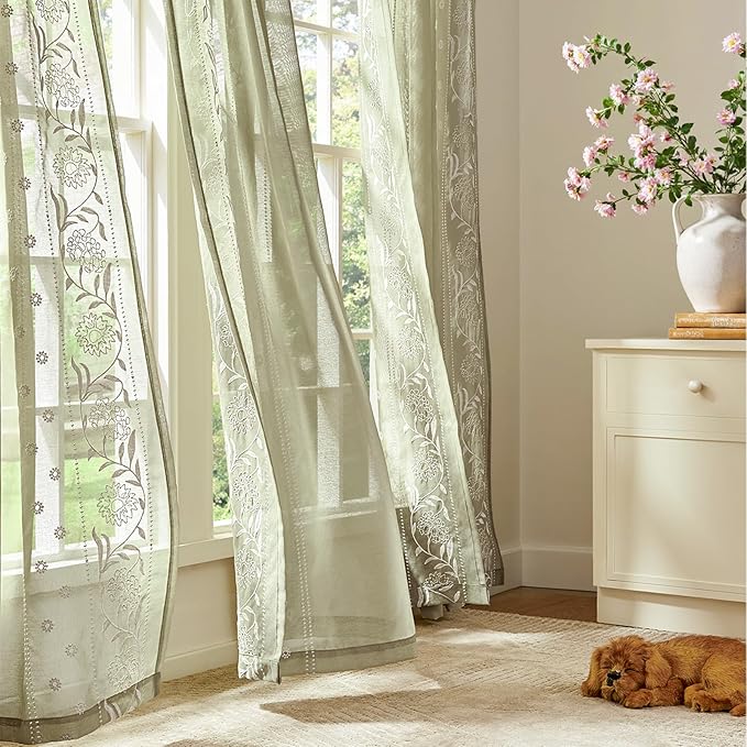 jinchan Winslow Sheer Curtains 96 Inch for Bedroom Living Room Embroidered Bordered Floral Nursery Curtains for Playroom Light Filtering, Ivory on Sage, 2 Panels, 50W x 96L