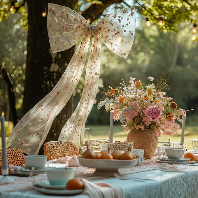 Canlierr Extra Large Embroidery Floral Tulle Bow Decorations 39 x 59 Inch Giant Champagne Organza Bow with Tie and Long Ribbon Tails for Spring Wedding Backdrop Coquette Room Wall Decoration