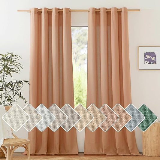 NICETOWN Flax Linen Curtains 108 inches Long for Large Windows, Ring Top Privacy with Light Filtering Linen Blend Drapes for Bedroom/Living Room, Burnt Orange, W55 x L108, Set of 2