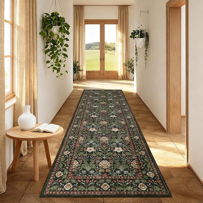 GarveeHome Washable Runner Rug 2x6, Non Slip Floral Kitchen Runner for Hallway Entryway Forest Green Laundry Bathroom Mat Farmhouse Thin Stain Resistant Carpet for Bedroom Beside Rug