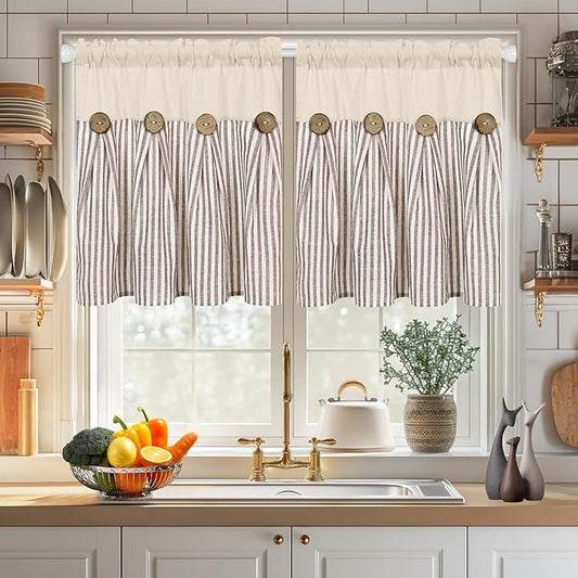 ASPMIZ Cotton Linen Kitchen Curtains 24 Inch Length Tier Curtain for Small Window Treatment, Boho Button Half Window Curtain Farmhouse, Brown Stripe Rod Pocket Short Curtains for Window Cafe Bathroom