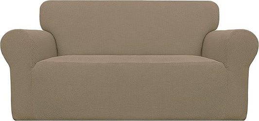 Easy-Going Stretch Loveseat Slipcover 1-Piece Sofa Cover Furniture Protector Couch Soft with Elastic Bottom for Kids Polyester Spandex Jacquard Fabric Small Checks (Loveseat, Tan)