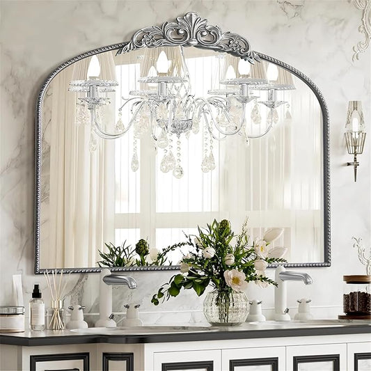 Micasso Antique Wall Silver Mirror: 40" x 29" French Baroque Vintage Mirror - Traditional Ornate Decorative Arched Mirrors for Wall/Bathroom/Entryway/Fireplace/Hallway - Home Decor for Living Room