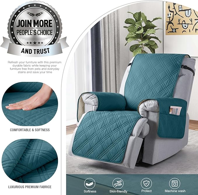 TAOCOCO 100% Waterproof Recliner Chair Cover, Non Slip Recliner Covers for Recliner Chair with Pocket, Washable Reclining Chair Cover Furniture Protector for Kids,Dogs(23.6'', Peacock Blue)